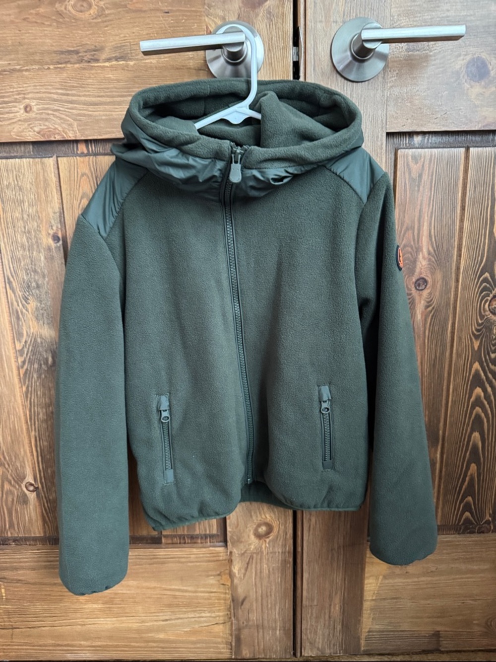 SAVE THE DUCK Kids Dark Olive Green Hooded Fleece Jacket